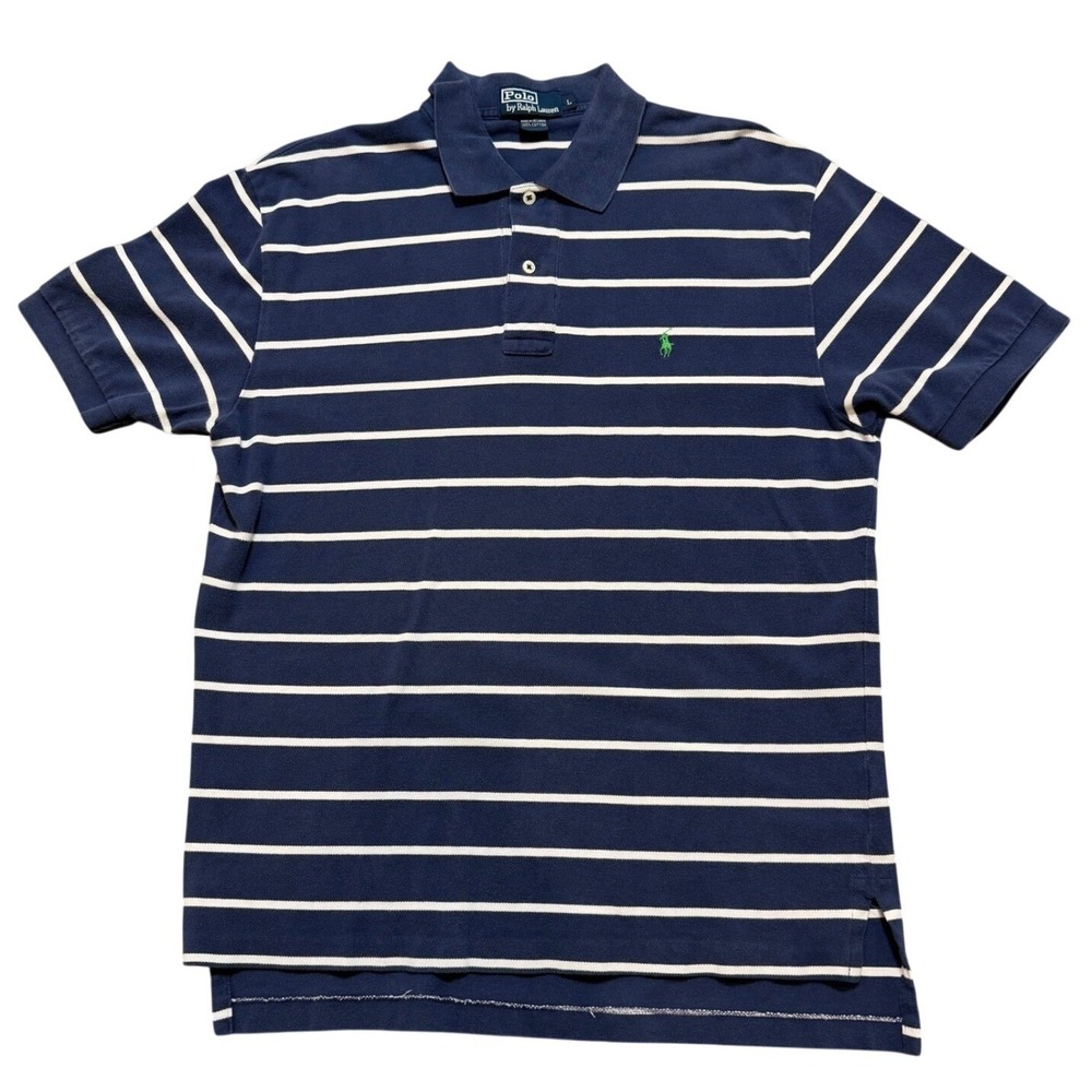 Polo Ralph Lauren Mens Large Navy Blue White Striped Short Sleeve Polo Shirt L